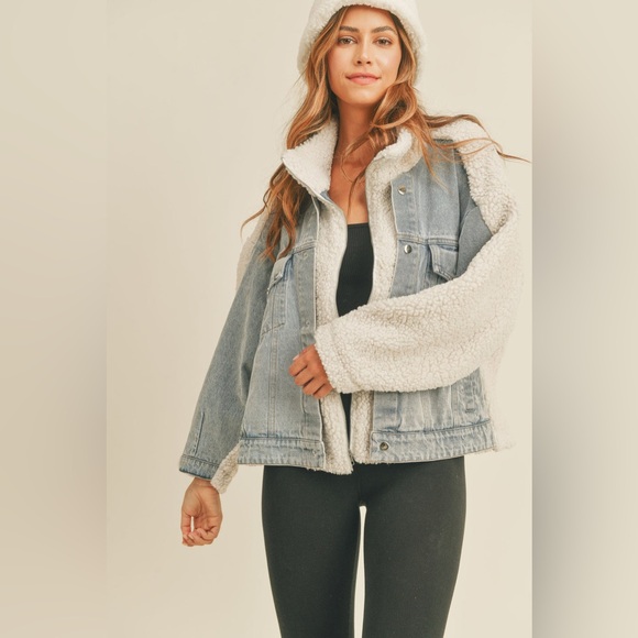 MABLE 🤍 Fleece & Denim Combo Oversized Jacket Women’s Size Large - Picture 1 of 11